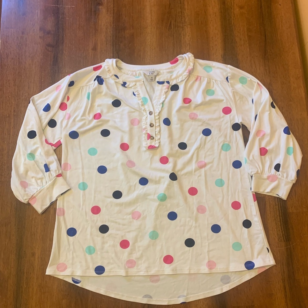 Crown & Ivy Top Medium White Multi Color Polka Dots 3/4 Sleeves Ruffle Button